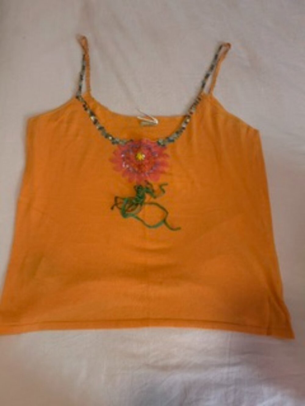 Max Studio Y2K Silk-Linen Blend Sequin & Silk Ribbon Floral Embroidery Tank